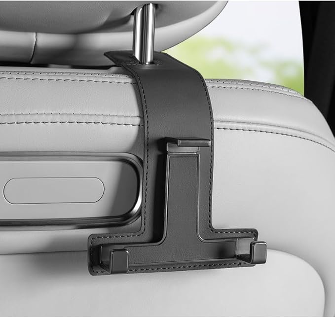 Car Hooks for Headrest, Multifunctional Luxurious Leather and Magnesium Alloy Car Seat Back Hook & Mobile Phone Holder, Double Headrest Hanger Storage Hook for Purses, Handbags (Black)