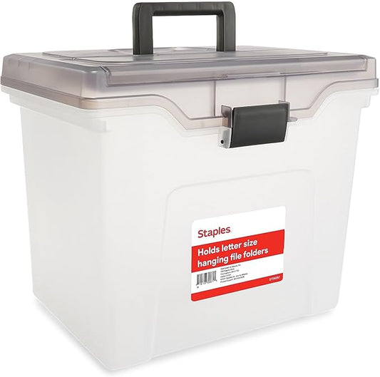 STAPLES File Box - Portable Letter-Size Storage Tote with Lid, Handle, Organizer Tray, Clear Plastic Filing Bin
