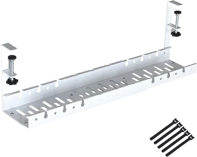 No Drilling Extendable Under Desk Cable Management, Metal Cable Tray Under Desk with Clamp, Retractable Power Strip Cord Holder for Wire