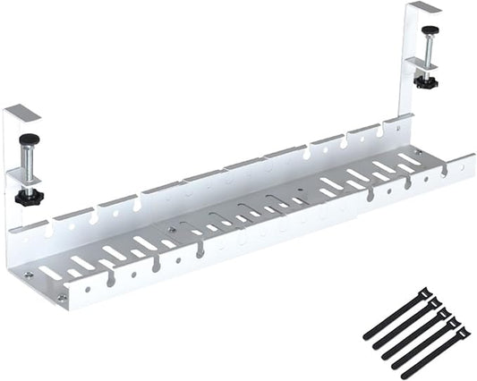 No Drilling Extendable Under Desk Cable Management, Metal Cable Tray Under Desk with Clamp, Retractable Power Strip Cord Holder for Wire