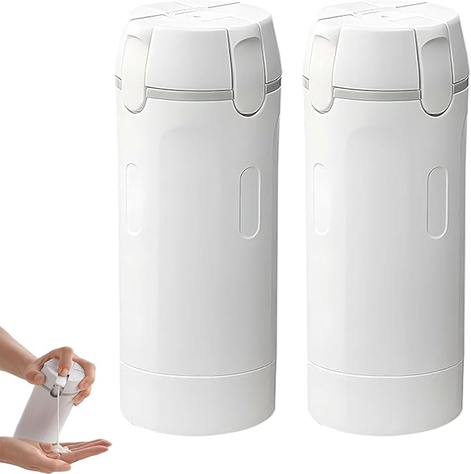 4 in 1 Travel Dispenser, Travel Bottles for Toiletries, No Squeeze Press Dispenser 30ML Leak Proof Travel Containers, Portable Refillable Shampoo Lotion Conditioner Bottles with Labels(2White)