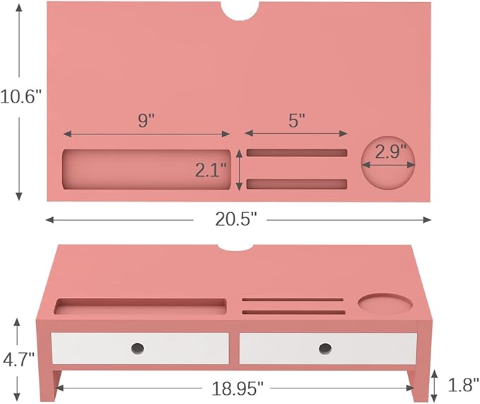 Monitor Stand Riser with Drawer - Pink & White Laptop Stand, Bamboo Desktop Shelf Organizer for Computer, TV, Printer, Office Supplies & Accessories with Phone Holder & Cups Slot, No Assembly Needed