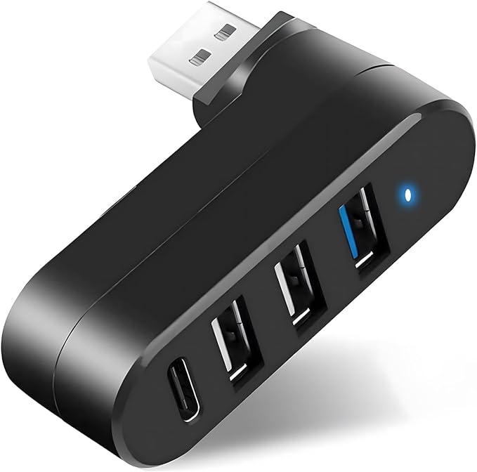 4-Port USB 3.0 Hub [90°/180° Rotatable], USB Splitter with 1 USB 3.0 Port, 2 USB 2.0 Ports, and 1 USB C Data Port, USB Extender for Laptops, Cars, Surface go, Mac, MacBook Air/Pro, and Other Devices
