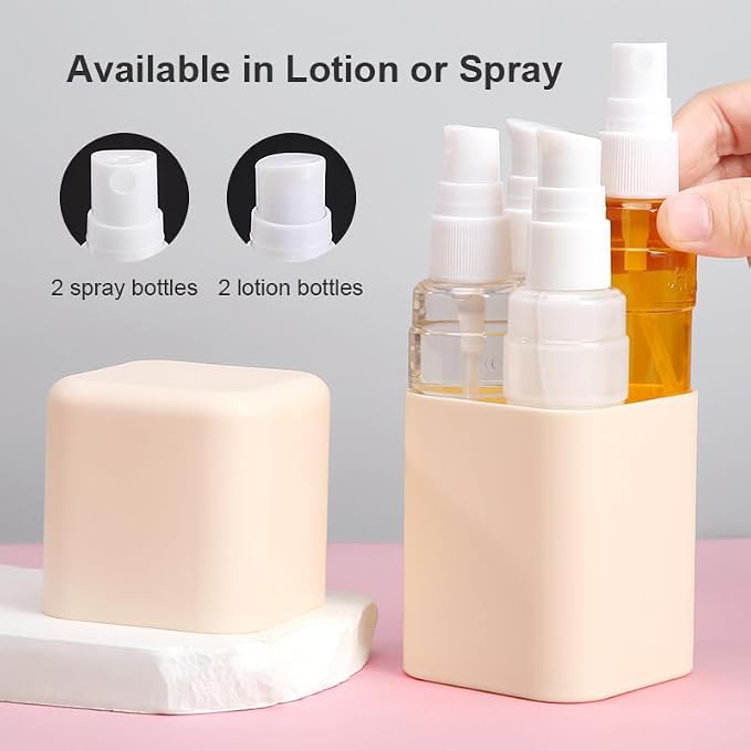4-in-1 Travel Bottle Set Leak-Proof & TSA Approved - 50ml Refillable Containers Kit for Shampoo, Conditioner, Lotion - Portable Toiletry Accessories with Labels & Storage Box (Beige)