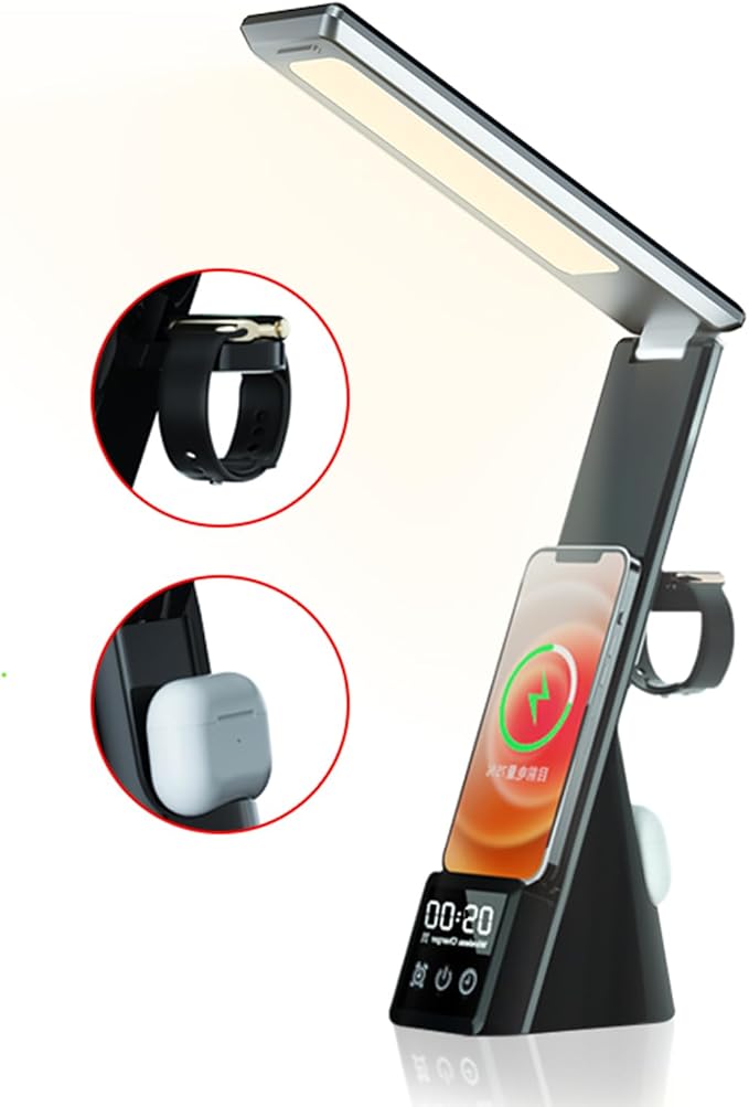 AYI Multi-Functional Wireless Charging Lamp with LED Display, Alarm Clock, 3 Color Light Modes, Foldable & Portable, 15W Fast Wireless Charger Stand for Smartphones, Smartwatches, Earbuds, N61 Black.