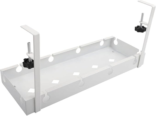Under Desk Cable Tray with Ventilated Metal Frame for Heat Dissipation, Adjustable Fit for Office Desk and No Drilling Installation Required (White)