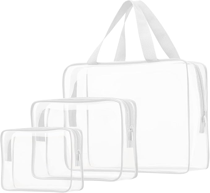 3pcs Clear Cosmetic Bags, TSA Approved Toiletry Bag Set Crystal Clear Travel Beach Essentials Bag Organization PVC, Clear Makeup Bags Luggage Pouch Carry on Airport Airline Compliant Bag Women Men