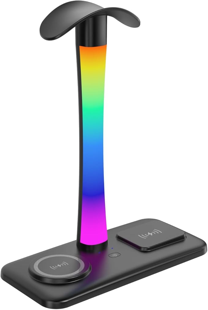 Headphone Stand with Wireless Charger,Gaming Headset stand with RGB Light Mode,For Airpod Max Stand Compatible with Airpod Pro/3/2,For iPhone 17/16/15/14/13/12/11,Gifts for Gamers & Music Lover(Black)