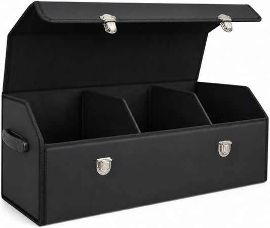 Car Trunk Organizer with Lid,Foldable Faux Leather Cargo Storage Box,3 Compartments,Collapsible Multi-Functional for SUV,Sedan,Vehicle Trunk, Black