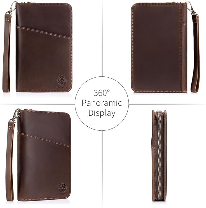 Leather Family Passport Holder RFID Blocking Vintage Zipper Large Capacity Travel Wallet with 6 Passport Slots & Wristlet