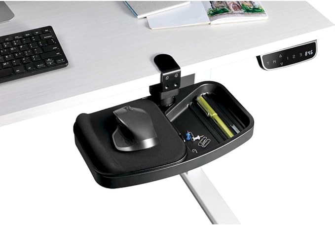 TRIPP LITE Under Desk Storage Tray Clamp-on Storage Tray w Mouse Pad, Wrist Rest - Office Desk Organizer 360 Swivel 5-Year Warranty (DMUDSC)