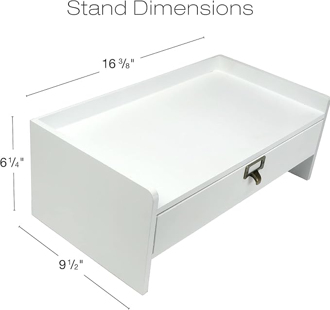 EXCELLO GLOBAL PRODUCTS Wooden Monitor Stand: Includes Drawer for Desktop Organization of Notebooks, Pens, Pencils & Office Supplies (White)