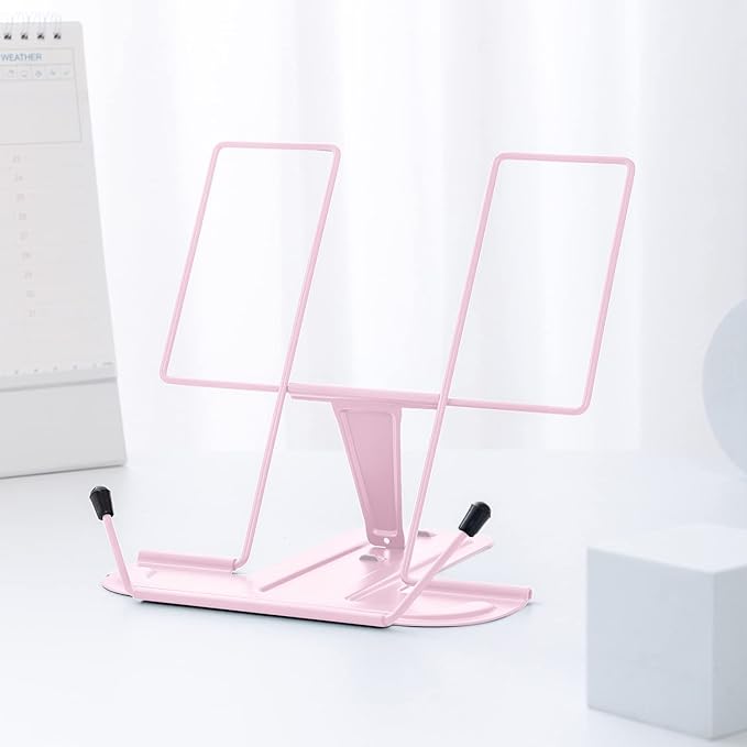 MSDADA Metal Book Stand for Desk, Adjustable Reading Rest Book Holder, Portable Cookbook Documents Holder, Sturdy Typing Stand for Recipes Textbooks Tablet Music Books with Page Clips (Macaron Pink)