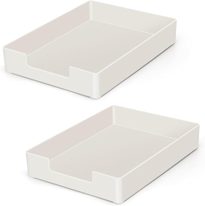 Desk Organizer Tray, 2-Pack A4 Letter-Size Tray, Plastic Printer Paper Holder, Rectangular Desktop Stackable File Holder for Office Supplies School Home, Mail Document Storage Containers (White)