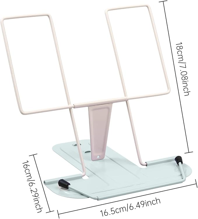MSDADA Metal Book Stand for Desk, Adjustable Reading Rest Book Holder, Portable Cookbook Documents Holder, Sturdy Typing Stand for Recipes Textbooks Tablet Music Books(Milky White+Macaron Green)