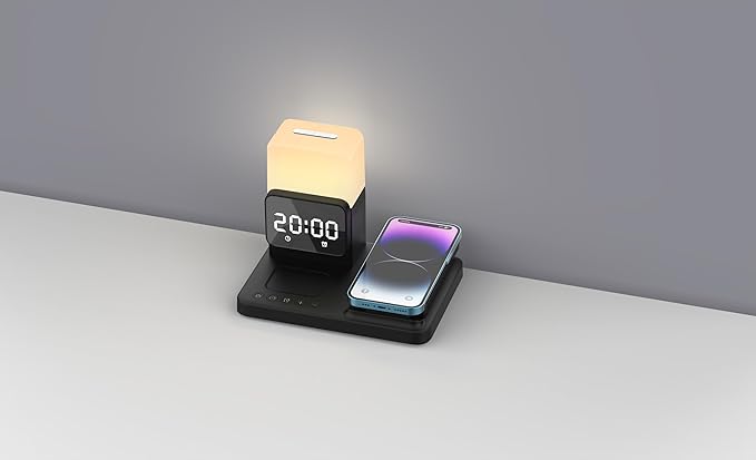 M.A.D LAB Bedside Apple Charging Station & Alarm Clock with Night Lamp ??Wireless Charger Designed for AirPods, AirPods Pro 2 & Apple Watch and Qi-Compatible for iPhone and Android Phone Charger
