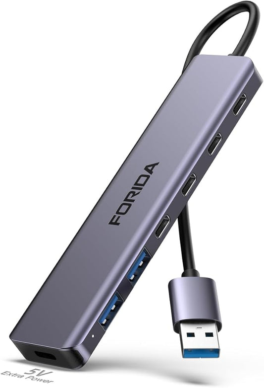 FORIDA Aluminum Alloy 7-Port USB Hub, Portable Multiport USB Splitter Adapter with 4 USB-C 3.0, 2 USB 2.0, 5V Charging Port, Fast USB Extender Compatible with Laptop, PC, Desktop Computer