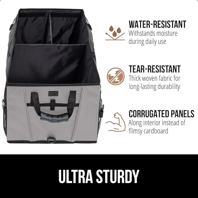 GORILLA GRIP Large Capacity Sturdy Trunk Storage Organizer, Slip and Water Resistant Collapsible Organization Container for Car Sedan or SUV, Multi Compartment Box Vehicle Accessories, Gray