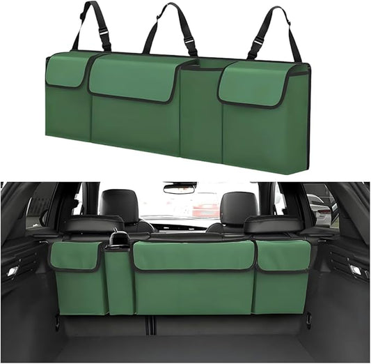 Car Trunk Organizer with Lid, Large Waterproof Vehicle Backseat Hanging Storage Bag with 4 Pockets & Adjustable Straps, Collapsible Automotive Interior Cargo Bag, Universal Fit (Green)