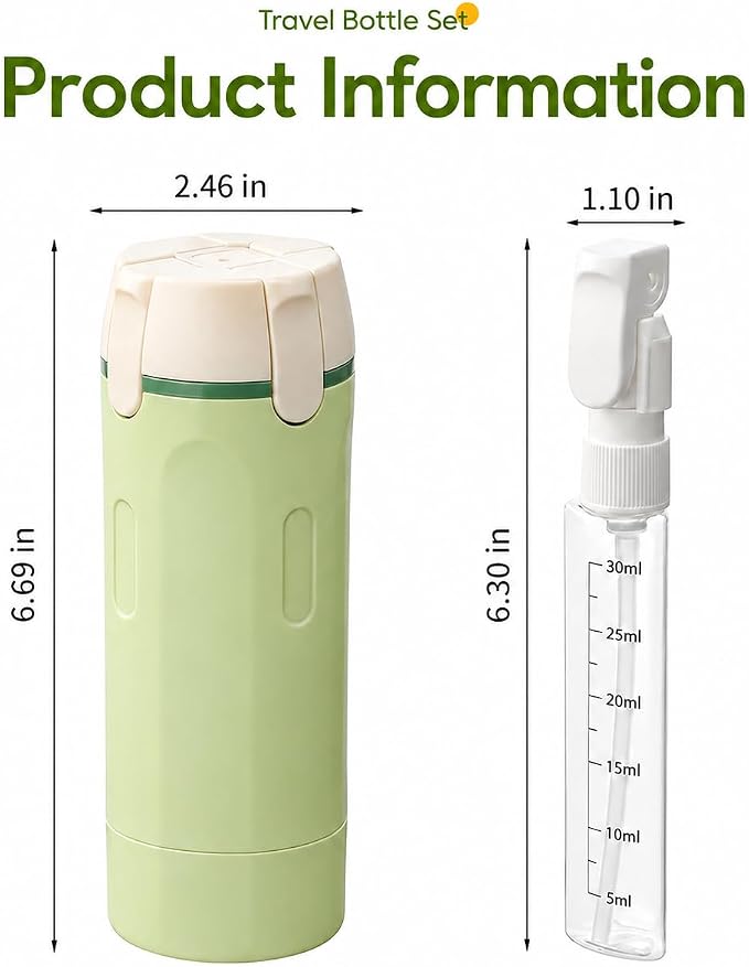 4-in-1 30ML Travel Size Dispenser Toiletries Bottles, Leak-Proof Refillable Containers Dispensers Labels Portable Toiletry Organizer Cup for Shampoo, Lotion, Soap Travel Essentials Green