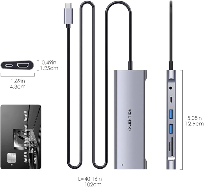 LENTION 8-in-1 USB C Hub, Docking Station with 3.3FT Long Cable, 4K HDMI, USB A&C, SD/TF Card Reader, Aux, 100W PD Charging, for MacBook Pro/Air, Dell, HP, Chromebook, Steam Deck (C37-1M, Space Gray)