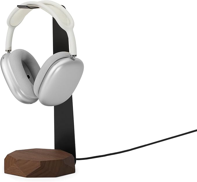 Oakywood 2-in-1 Wooden Headphone Stand with Wireless Charging - Wood Headphone Holder ??Stainless-Steel Base ??Handcrafted Headphones Stand for Desk - Qi-Compatible Wireless Charging ??Walnut
