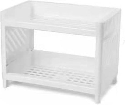 Pissente Desktop Storage Shelf, Plastic Double Layer Desktop Storage Rack Multifunctional Practical Desktop Organizer for Home Office Desk Living Room Bedroom Desk Storage, White