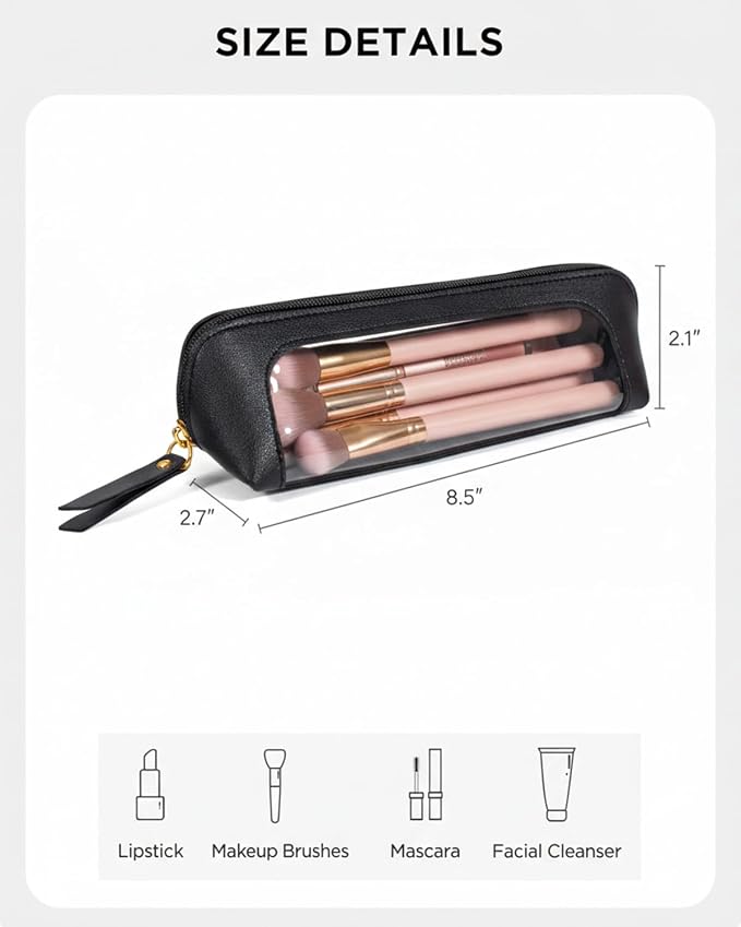 LETGO Small Clear Makeup Bag, PU Leather Travel Makeup Brush Case Portable Transparent Waterproof Cosmetic Organizer Pouch with Zipper for Women Home Travel Office Cosmetic Storage (Chic Black)