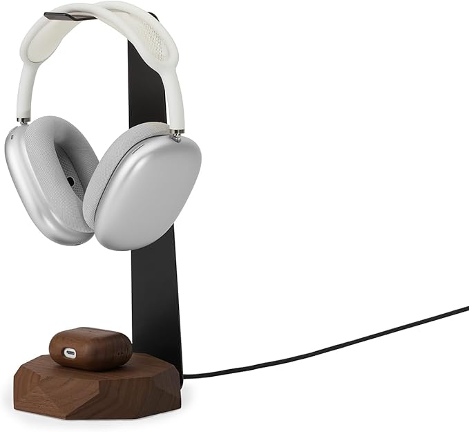 Oakywood 2-in-1 Wooden Headphone Stand with Wireless Charging - Wood Headphone Holder ??Stainless-Steel Base ??Handcrafted Headphones Stand for Desk - Qi-Compatible Wireless Charging ??Walnut