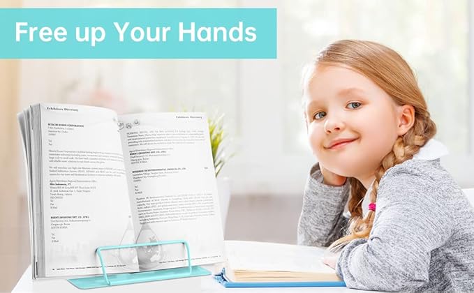 Honagu Metal Desk Book Holder, Hands Free Adjustable Cookbook & Document Holder, Ideal for Music Books, Textbooks, Recipes, Tablets & iPads (Light Lake Green)
