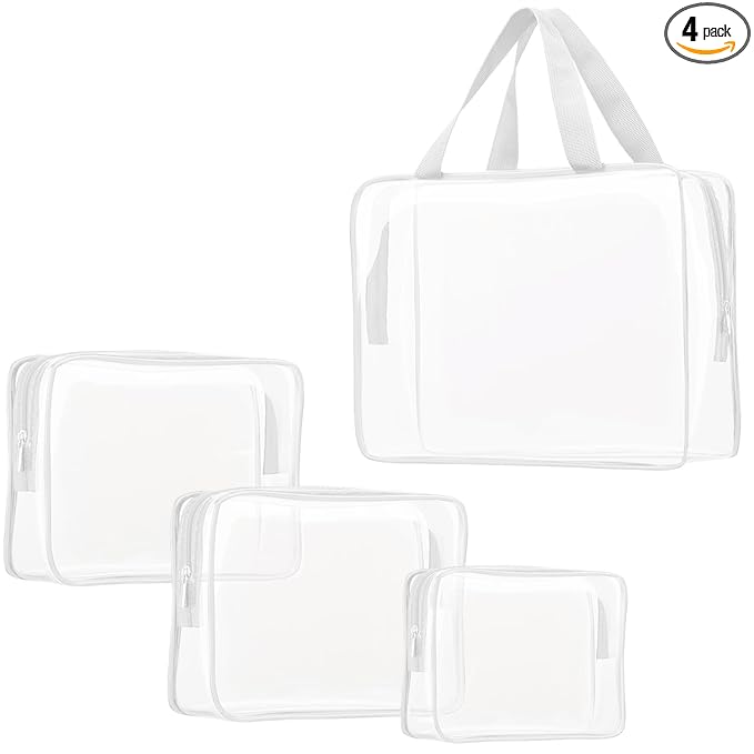 4Pcs Crystal Clear PVC Travel Toiletry Bag Kit for Women Men, Waterproof Vinyl Packing Organizer Storage Bags with Zipper Handle Straps, Cosmetic Pouch Carry on Airport Airline Compliant Bag Handbag