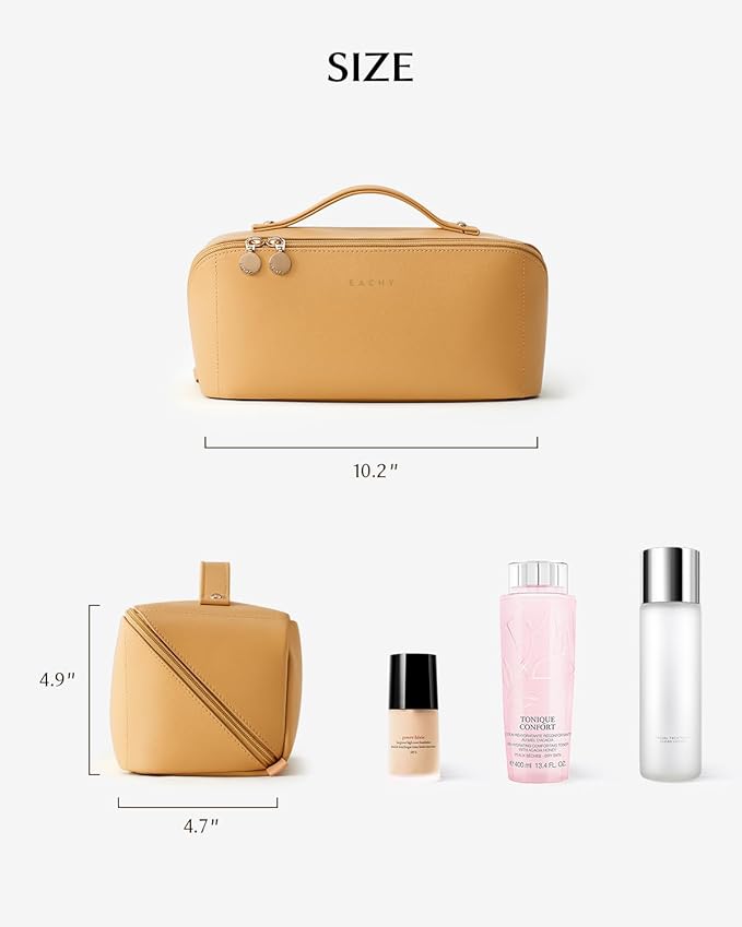 EACHY Travel Makeup Bag, Large Capacity Cosmetic Bag for Women, Waterproof PU Leather, Flat Open Portable Toiletry Bag for Skincare, Brushes & Travel Essentials