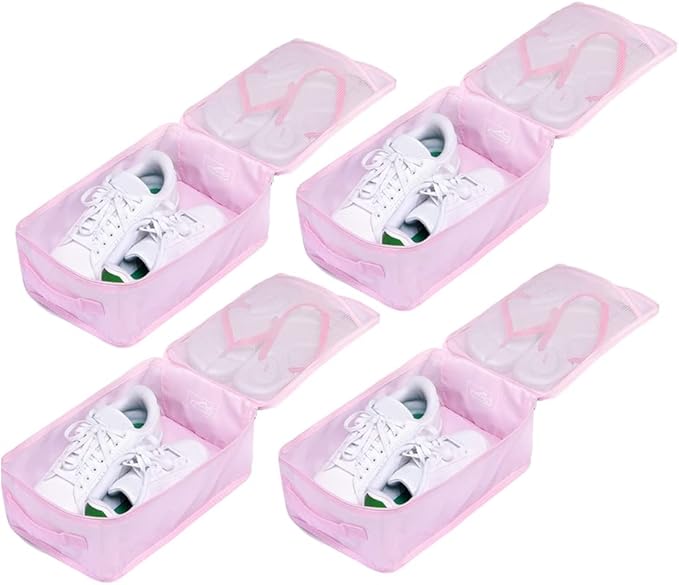 Travel Shoe Bags, Foldable Waterproof Shoe Pouches Organizer-Double Layer (4 Pink Shoe Bags)