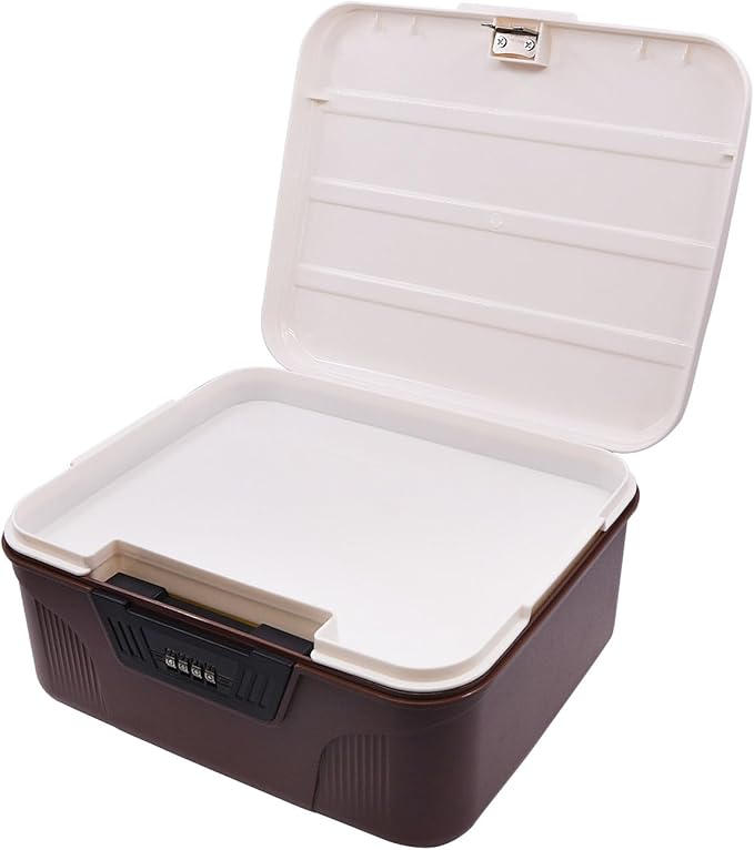 RUIAN 2.3 Gallon Portable Combination Lock Box-Plastic Lockable Storage Container with Code Safe, Versatile Organizer for Home Office Travel Business (White&Brown)