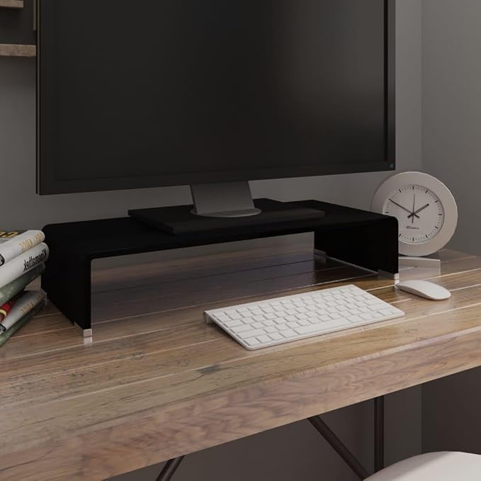 vidaXL Modern TV Stand/Monitor Riser, Tempered Glass Construction, Streamlined Black, Ideal for Television, Laptop, DVD Player - Easy to Clean, 23.6"x9.8"x4.3", Strength and Safety Borg