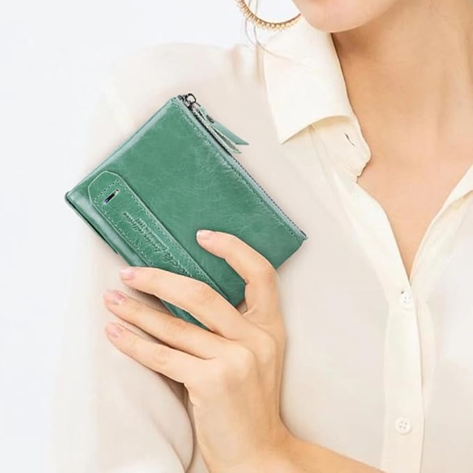 CONTACTS Soft Leather Wallet for Women Small Bifold Coin Purse Double Zipper Card Holder with RFID Blocking (Teal Green)