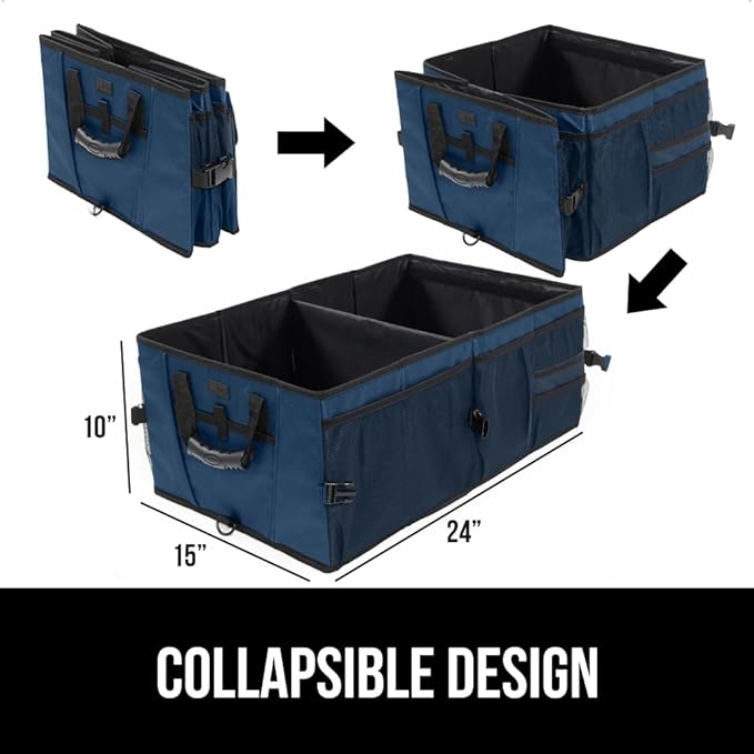 GORILLA GRIP Large Capacity Sturdy Trunk Storage Organizer, Slip and Water Resistant Collapsible Organization Container for Car Sedan or SUV, Multi Compartment Box Vehicle Accessories, Blue