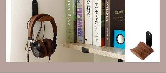 KiaoTime Headphone Hanger Headset Stand Hook Walnut Wood Headphone Holder Rack Hook Desk Tabletop Wall Mount Tape Under-Desk Headphone Hanger Holder, Universal Fit (Wall Mount)