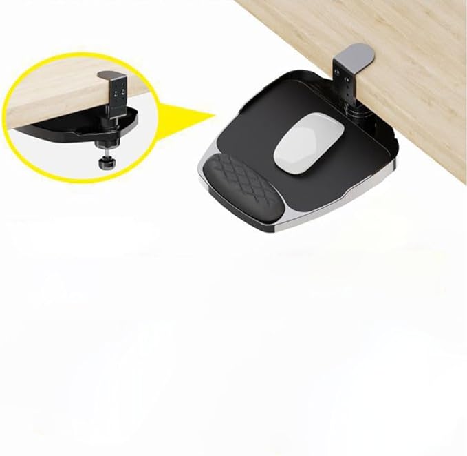 Clamp-on Mouse Tray Under Desk Adjustable Clamp Rotating Wrist Mouse Extended Holder for Desks Computer Platform Tray Padding Arm Rest Pad Black