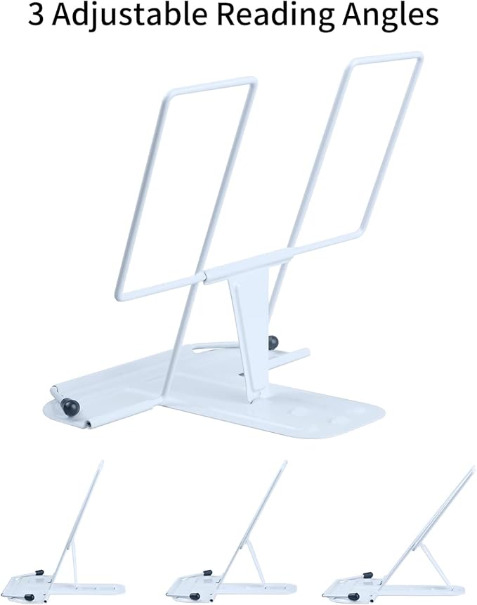 Metal Book Stand for Desk, Adjustable Reading Rest Book Holder, Portable Cookbook Documents Holder, Sturdy Typing Stand for Recipes Textbooks Tablet Music Books with Page Clips (Light Blue)