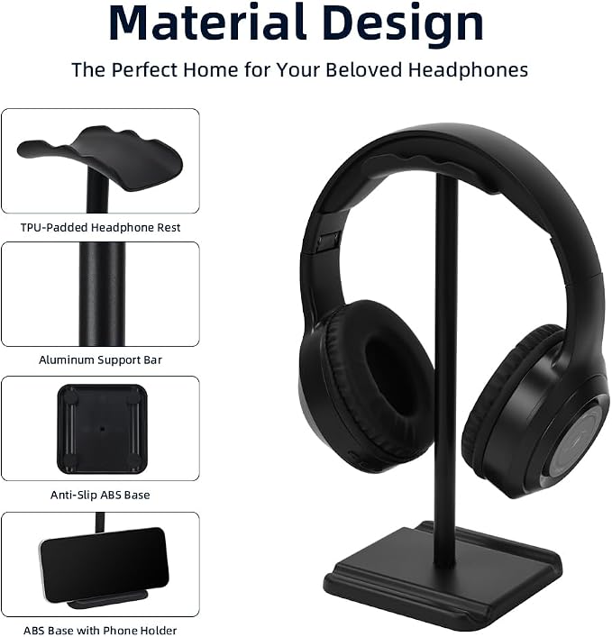 Headphone Stand, Headset Holder with Phone Holder for Desk Office Gaming, TPU-Padded Headrest, Aluminum Pole, Anti-Slip ABS Base, Universal Earphone Stand, 1 Pack Black