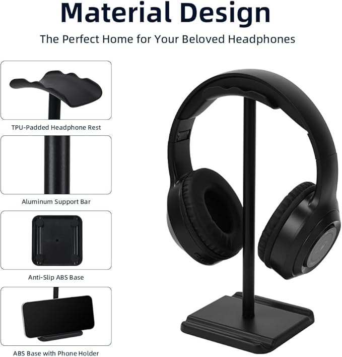 Headphone Stand, Headset Holder with Phone Holder for Desk Office Gaming, TPU-Padded Headrest, Aluminum Pole, Anti-Slip ABS Base, Universal Earphone Stand, 2 Pack Black