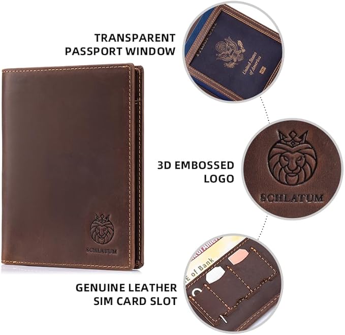 Leather Passport Holder for Travel Men Bifold Slim RFID Blocking with 2 Passport Slots, 1 Cash Pocket, 5 Card Slots