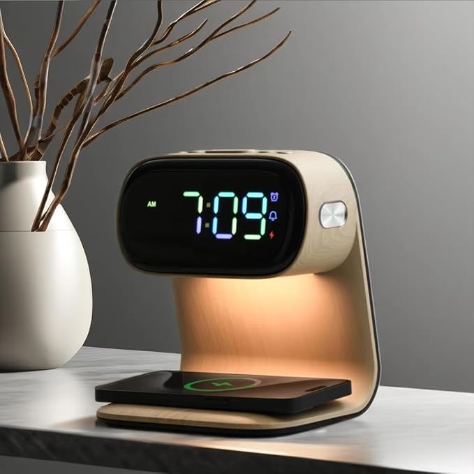AYI 3in1 Large Color Screen Wireless Charging Station with Alarm Clock & Night Light 15W Fast Charger for Phone & Earbuds 7-Color LED Display Dual Alarm 3Level Dimmable Touch Lamp Wood A40