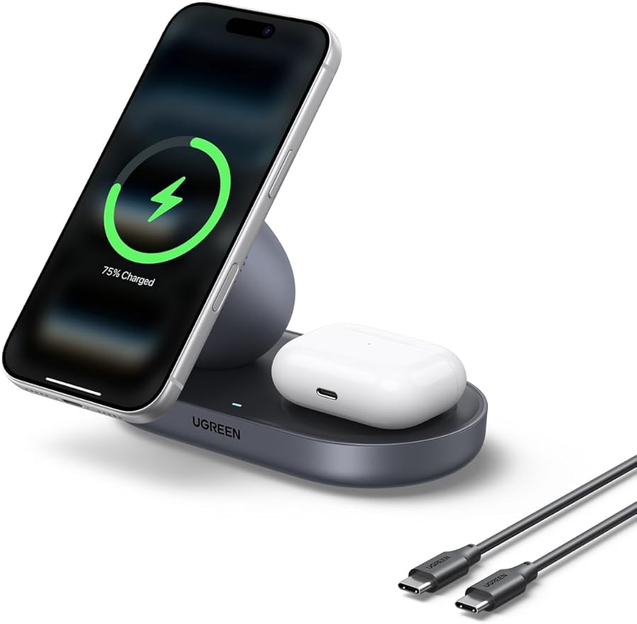 UGREEN Qi2 15W Wireless Charger 2-in-1, MagSafe Compatible Fast Charging Stand for iPhone 17 16 15 14 13 12 Series and AirPods, Fixed Viewing Angle, Compact Desktop Charging Station