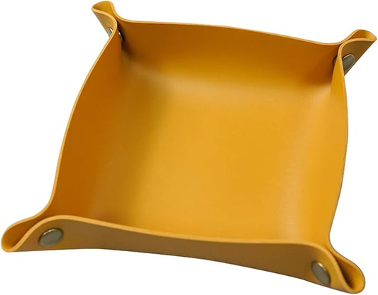 Valet Tray, Leather Tray, Small Catchall Tray, Foldable Jewelry Travel Organizer, Suitable for Travel, Storage, Nightstand, Home or Office (Yellow-S)