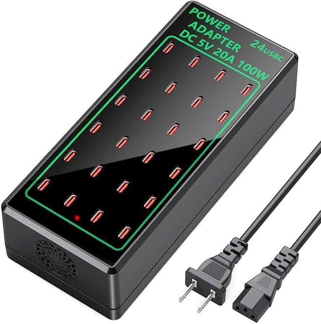 Multi Port USB Charging Station 24 Port 100 watt (20 A), USB Multi Port Charger Station Charging hub USB C Charger Block for Multiple Devices Compatible with Smartphones, Tables, and More Devices