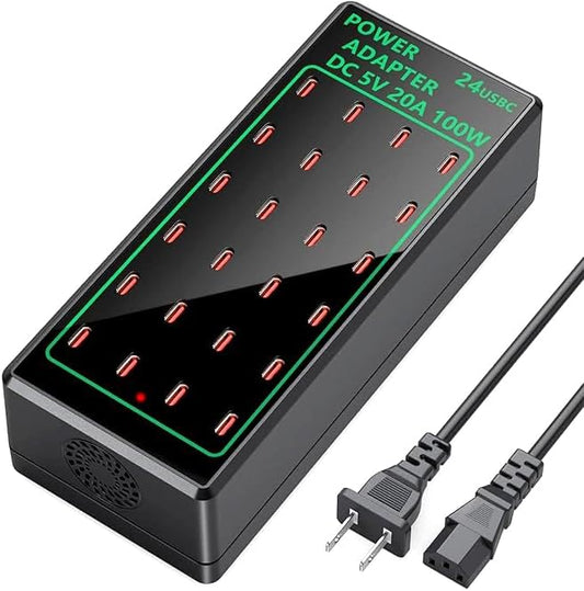 Multi Port USB Charging Station 24 Port 100 watt (20 A), USB Multi Port Charger Station Charging hub USB C Charger Block for Multiple Devices Compatible with Smartphones, Tables, and More Devices