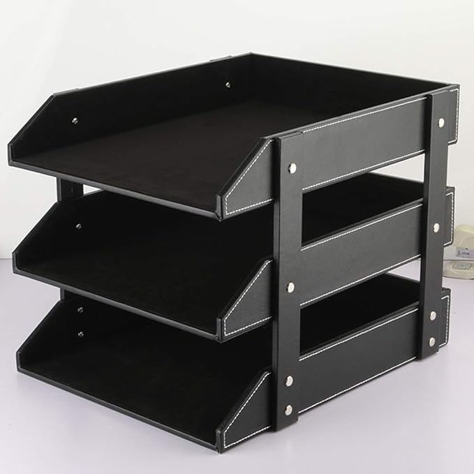 Leather Desk File Organizer, 3-Layer Stackable Tray, Used to Store documents, folders, Stationery, Magazines, Newspapers, Letters, and Other Home Office Sundries Desktop Organization Holder(Black)…