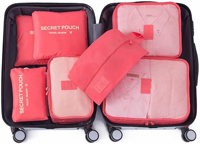 7 Set Packing Cubes Packing Organizers Travel Luggage Packing Organizers with Shoes Bag for Suitcase, Watermelon Red
